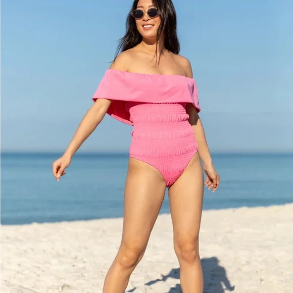 NWT Pink Lily Smocked Off-Shoulder Pink Swimsuit - Picture 2 of 4